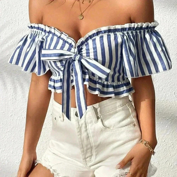 White & Blue Boho Womens Striped Off Shoulder Knot Front Frill Trim Crop Blouse - Picture 5 of 5